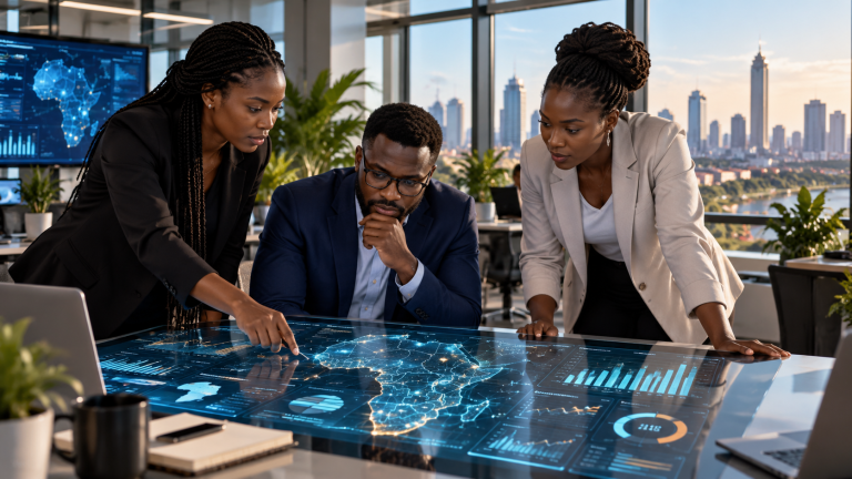 African business professionals analysing AI-powered data and digital business insightsanalysing AI-powered data and digital business insights