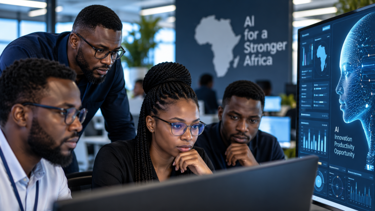 African professionals collaborating on AI technology in a modern office