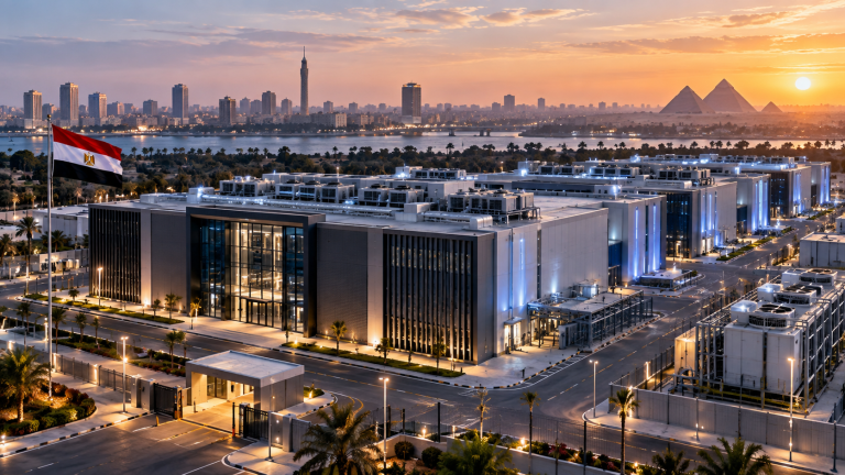 Modern AI data centre in Egypt with Cairo skyline and pyramids