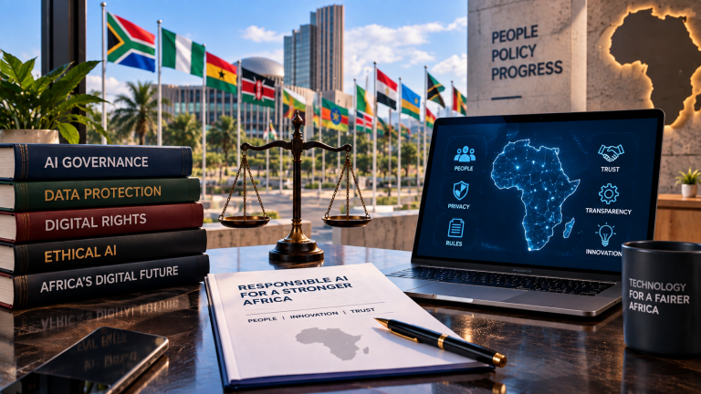 Africa flags with AI governance books, laptop and justice scales representing responsible AI in Africa