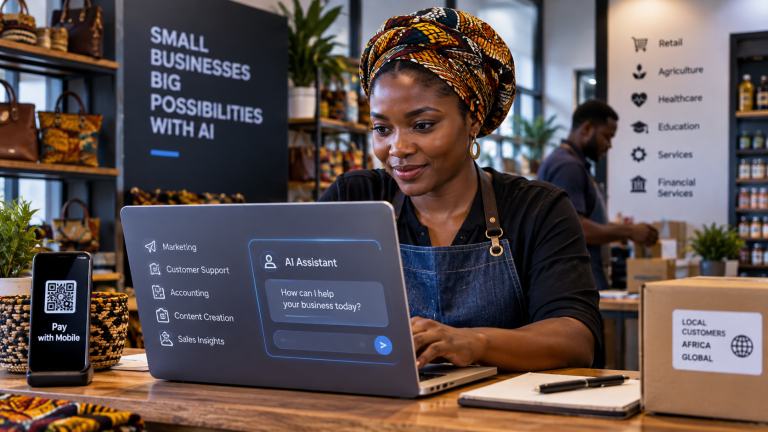 African small business owner using an AI assistant on a laptop