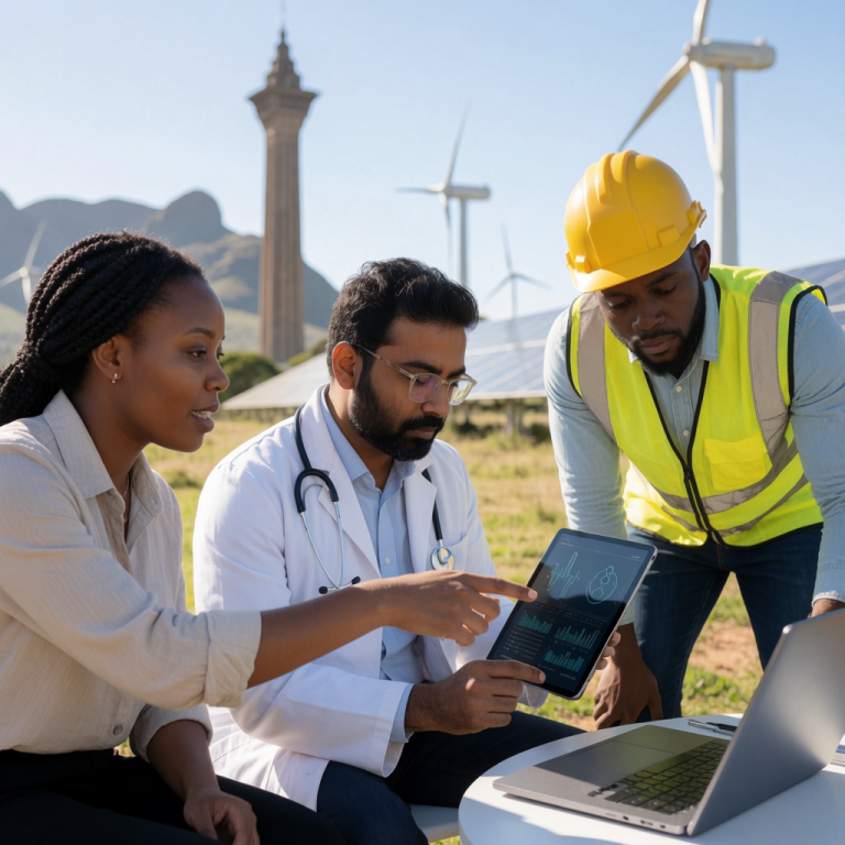 Three South African workers using technology outdoors